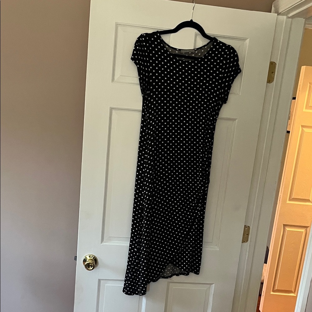 Loveappella Brown and White Polka Dot Maternity Midi Dress